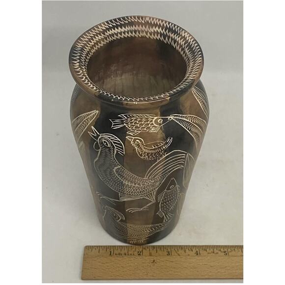 Mid 20th Century Asian Style Hand Carved Soapstone Vase Roosters Fish Plants - Picture 11 of 12